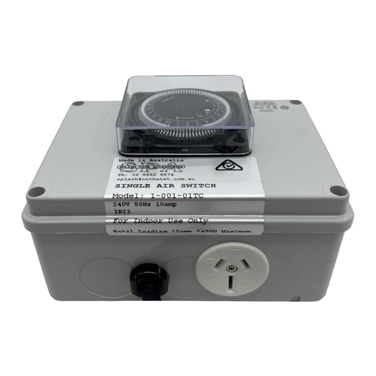 Single Outlet 15amp Air Switch Box c/w Time Clock - SA-AS01HT