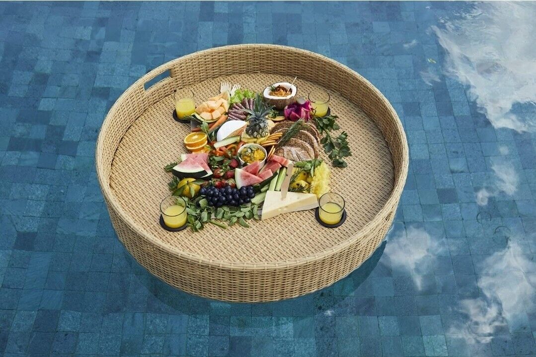 Floating Serving Tray Pool Spa Bath Rattan Style Hand Woven In Bali(Honey)